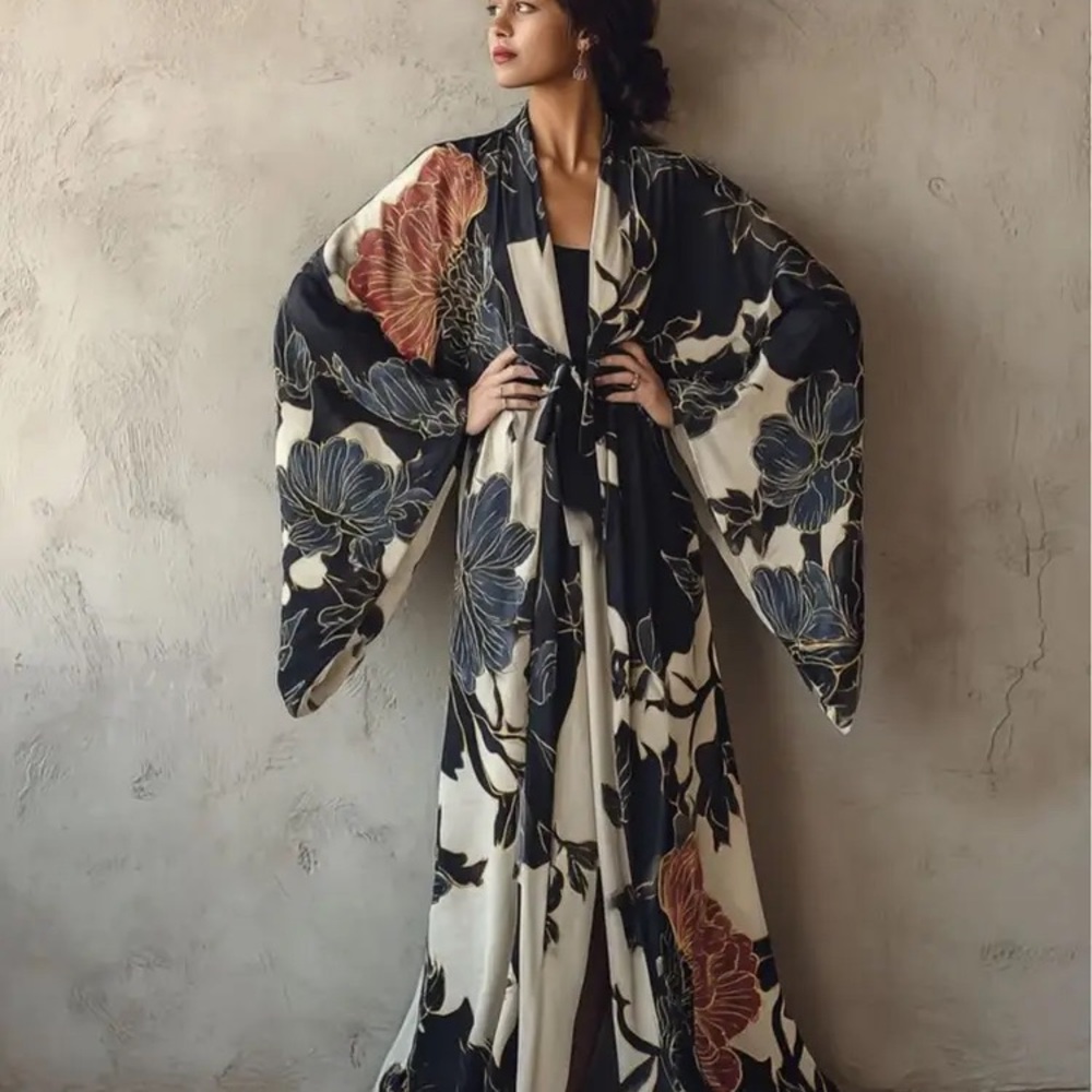 One left****Floral Kimono Maxi Robe in Black, Cream & Blue